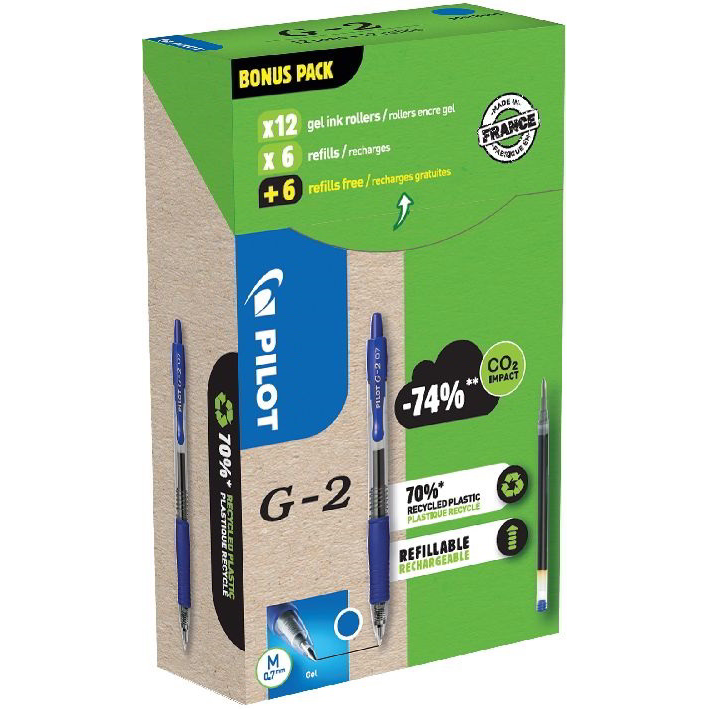 Pilot G2 Greenpack Nyomógombos golyóstoll készlet - 0.7mm / Kék (12 darabos) (BL-G2-7-L+BLS-G2-7-L-S12)