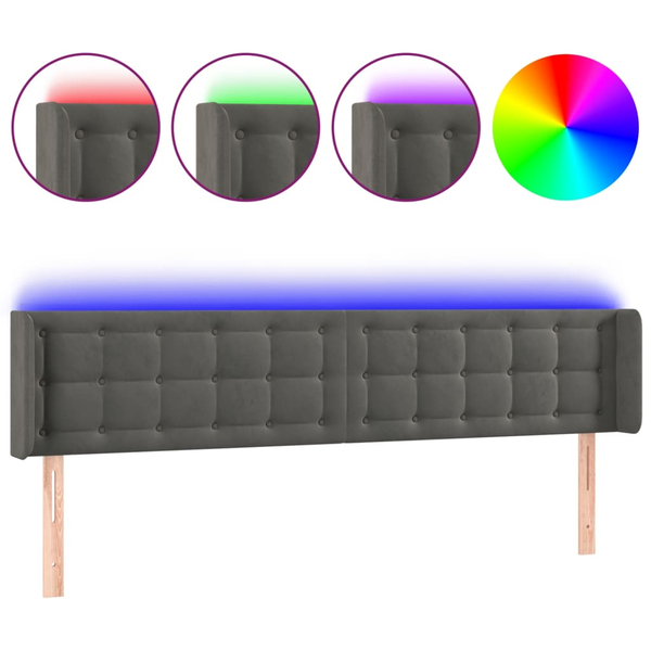 Tăblie de pat cu LED gri închis 183x16x78/88 cm catifea