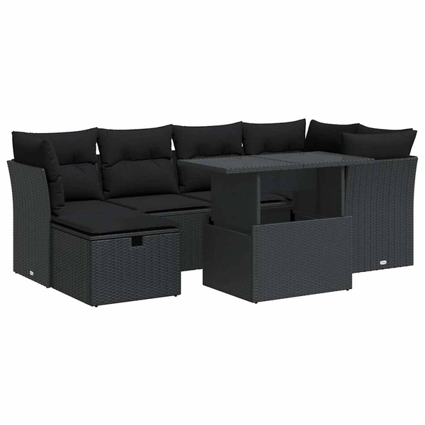 7 részes fekete polyrattan kerti ülőgarnitúra párnával