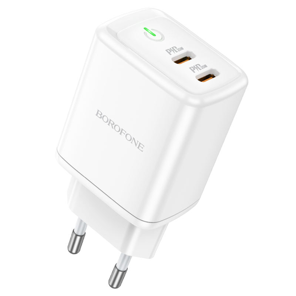 Мрежово зарядно устройство Borofone QC 3.0 BN9 Reacher PD 35W 2 x USB-C (PD/PPS/QC/AFC/FCP) - бяло