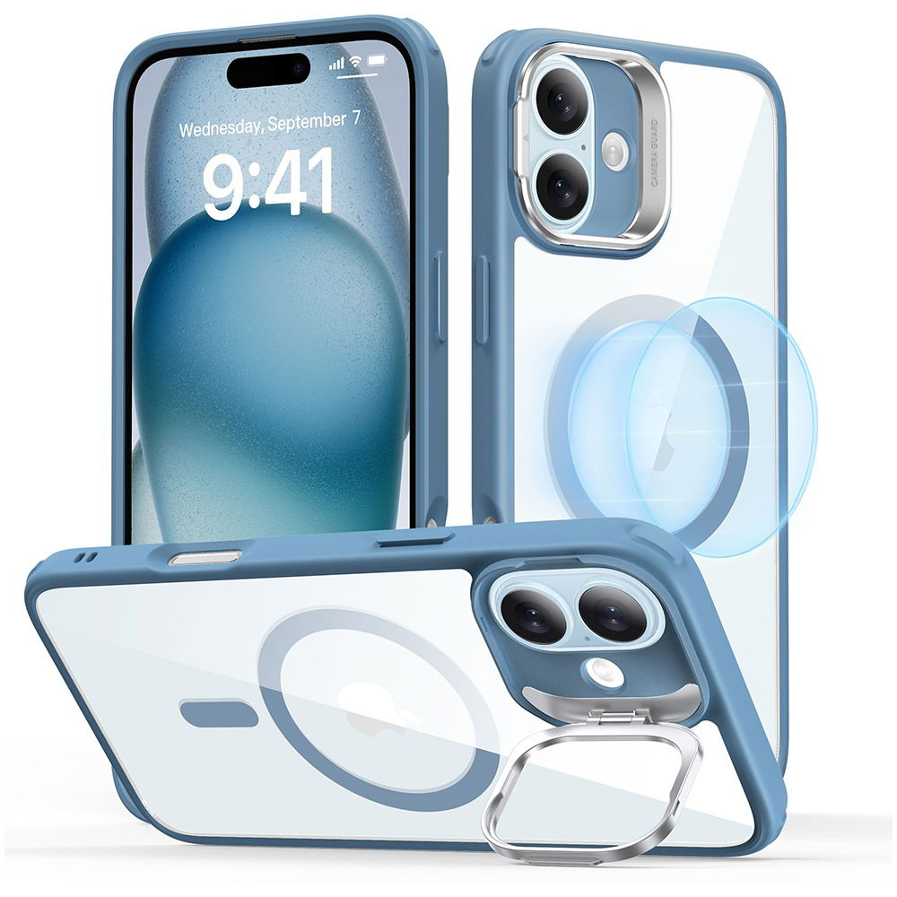 ESR Classic Hybrid Case with Stash Stand (HaloLock), Compatible with iPhone 16 Plus, Clear Blue tok (1A7480401)