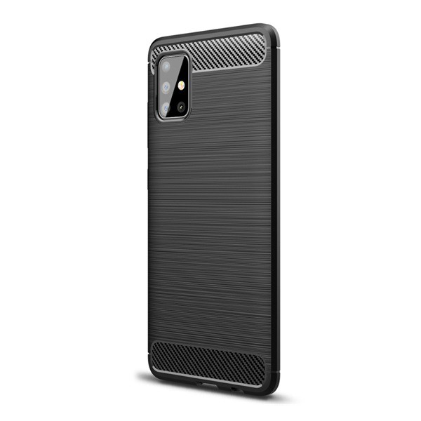 Szilikon telefonvédő (közepesen ütésálló, légpárnás sarok, szálcsiszolt, karbon minta) FEKETE [Samsung Galaxy A51 (SM-A515F)] (5996457927173)