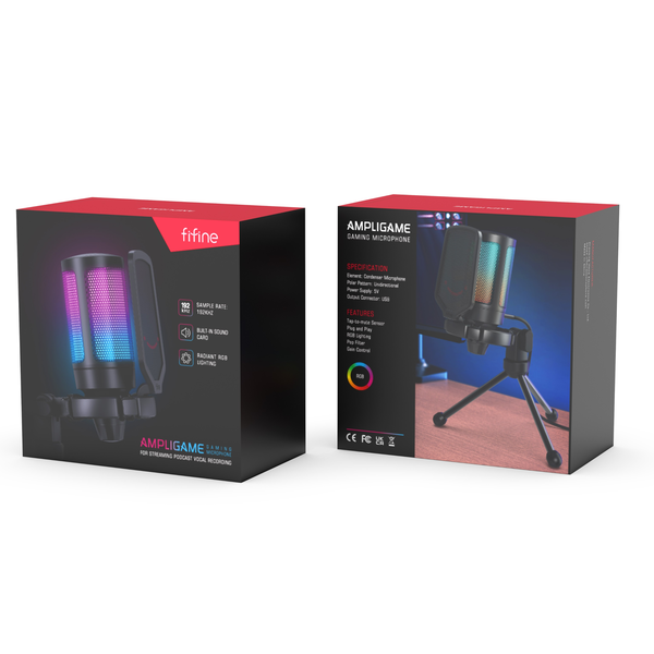 Microfon de studio cu condensator Fifine A6V AMPLIGAME RGB pentru jucatori