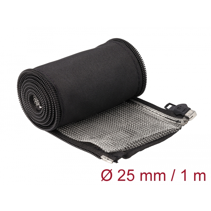 Delock Hőellenálló EMI Shielding fonott borítás zipzárral, 1 m x 25 mm méretű, fekete (20847) (20847)