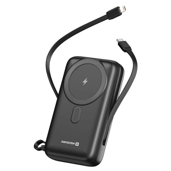 Swissten 22013934 USB-C / Lightning / Magsafe Powerbank Integrált Kábellel 10000mAh 22.5W - Fekete (22013934)