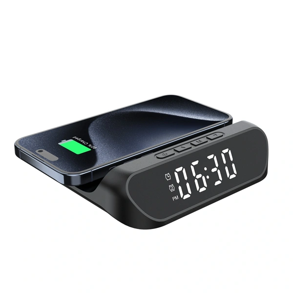 IRIS DC-130-B-Qi 15W Qi vezeték nélküli töltővel, ébresztő funkcióval fekete digitális óra (IRIS DC-130-B-QI)