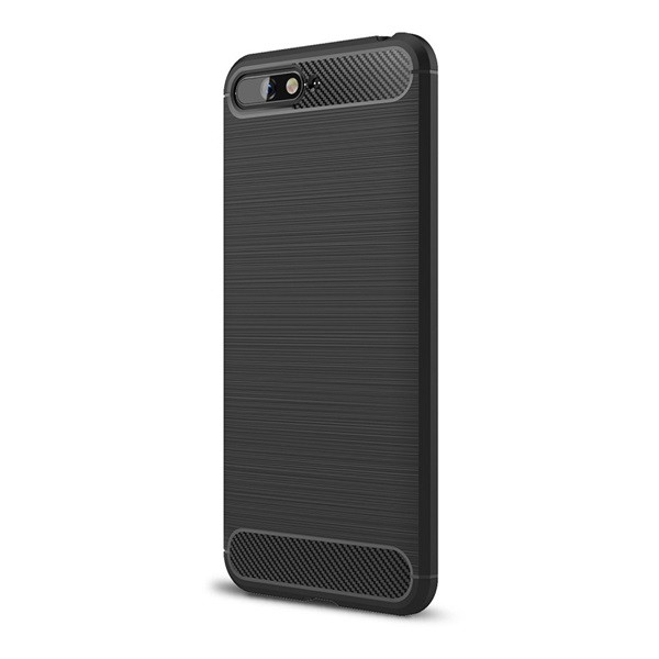 Szilikon telefonvédő (közepesen ütésálló, légpárnás sarok, szálcsiszolt, karbon minta) FEKETE [Huawei Y6 (2018)] (5996457792634)