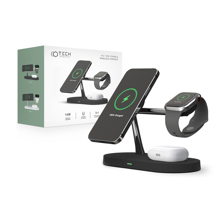 Tech-Protect Qi univerzális vezeték nélküli töltő állomás - 15W - Tech-Protect A12 3in1 Wireless Charger for Phone + Watch + Earphone - fekete (FN0345)