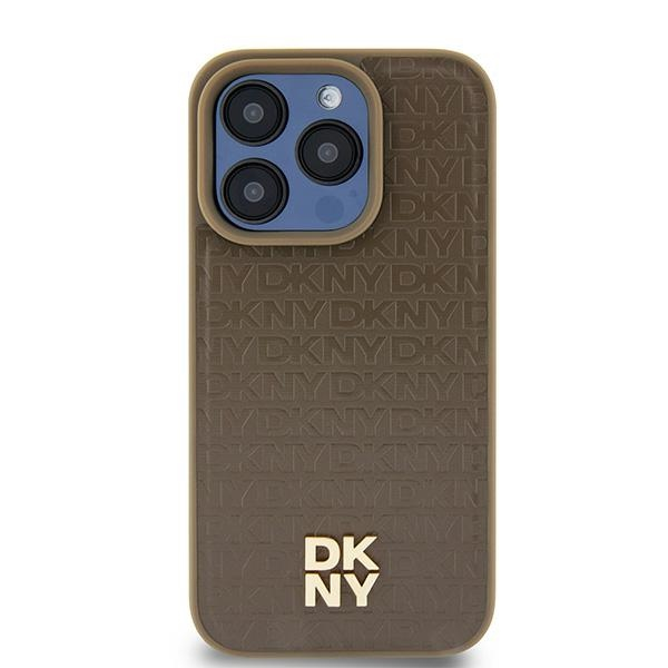 DKNY iPhone 14 Plus / 15 Plus MagSafe Fém LOGO keménykeretes bőr Telefon tok - Barna (DKHMP15MPSHRPSW)