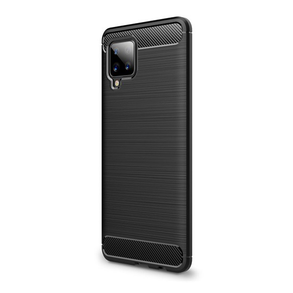 Szilikon telefonvédő (közepesen ütésálló, légpárnás sarok, szálcsiszolt, karbon minta) FEKETE [Samsung Galaxy A42 5G (SM-A425F)] (5996591024141)
