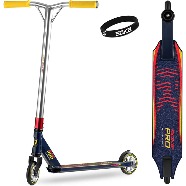 Kaszkadőr roller, SOKE PRO, sötétkék, 85 cm, 11 cm 88A PU kerekek, ABEC-9 csapágy, alumínium Y kormány, HIC kompresszió, Flex Fender fék