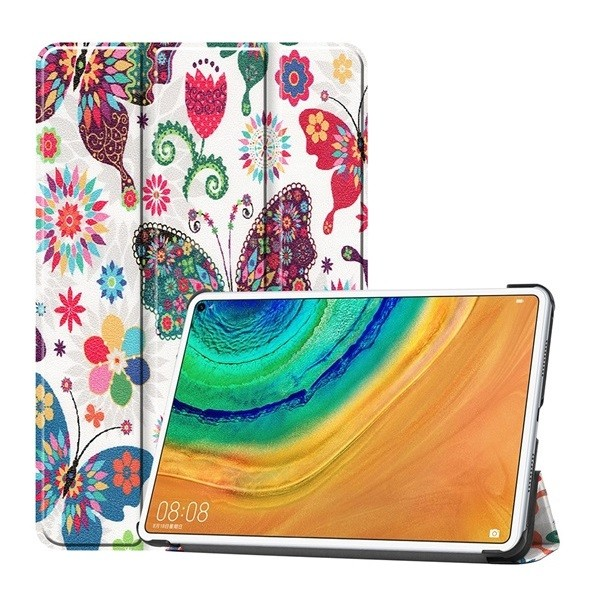 Huawei MatePad Pro (10.8) (2019 / 2021) / Pro 5G (10.8) (2019 / 2021), mappa tok, Trifold, színes nagy pillangó minta, fehér (G96670)
