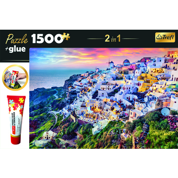 Puzzle Trefl MEGABOX 1500 dílků Krásný ostrov Santorini, Řecko lepidlo