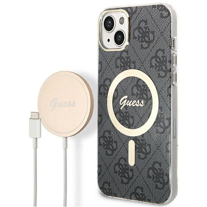 Guess Bundle Pack MagSafe 4G Vezeték nélküli töltő + iPhone 14 tok - Arany (5V / 3A) (GUBPP14SH4EACSK)
