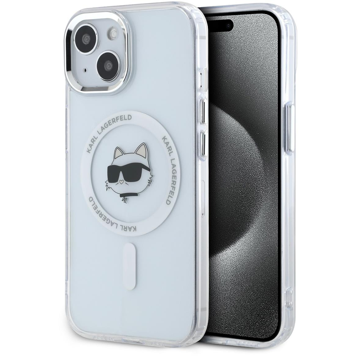 Karl Lagerfeld IML Choupette Head Metal Frame MagSafe iPhone 15 átlátszó tok (KLHMP15SHLSCHH)