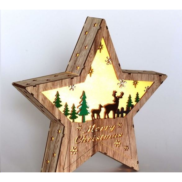 IRIS Csillag alakú rénszarvas mintás/30x30cm/meleg fehér LED-es fa fénydekoráció (310-01) (310-01)