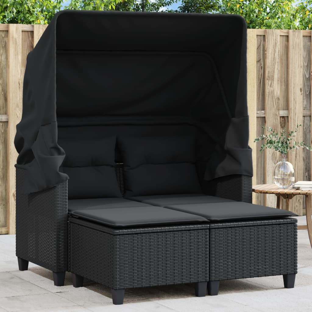 2 személyes fekete polyrattan kerti kanapé baldachinnal/székkel (365781)