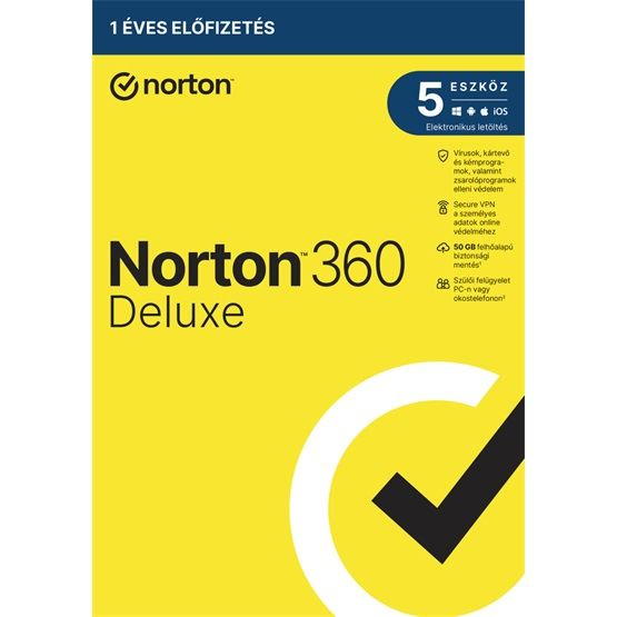 NortonLifeLock Norton 360 Deluxe 50GB HU 1 felhasználó 5 eszköz 1 év dobozos vírusirtó szoftver (21416689) (21416689)