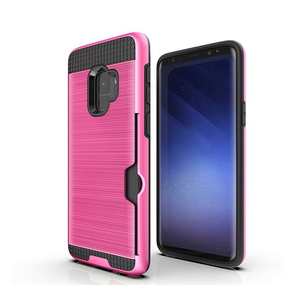 Műanyag telefonvédő (szilikon belső, közepesen ütésálló, bankkártya tartó, szálcsiszolt minta) RÓZSASZÍN [Samsung Galaxy S9 (SM-G960)] (5996457751754)
