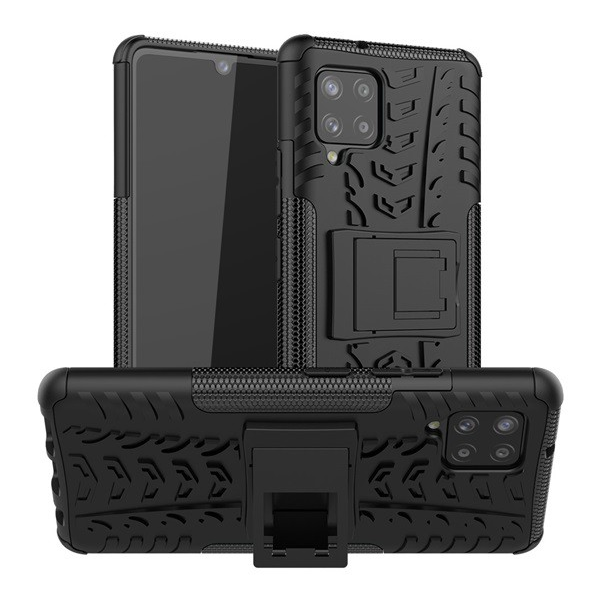 Defender műanyag telefonvédő (közepesen ütésálló, szilikon belső, kitámasztó, autógumi minta) FEKETE [Samsung Galaxy A42 5G (SM-A425F)] (5996591023144)