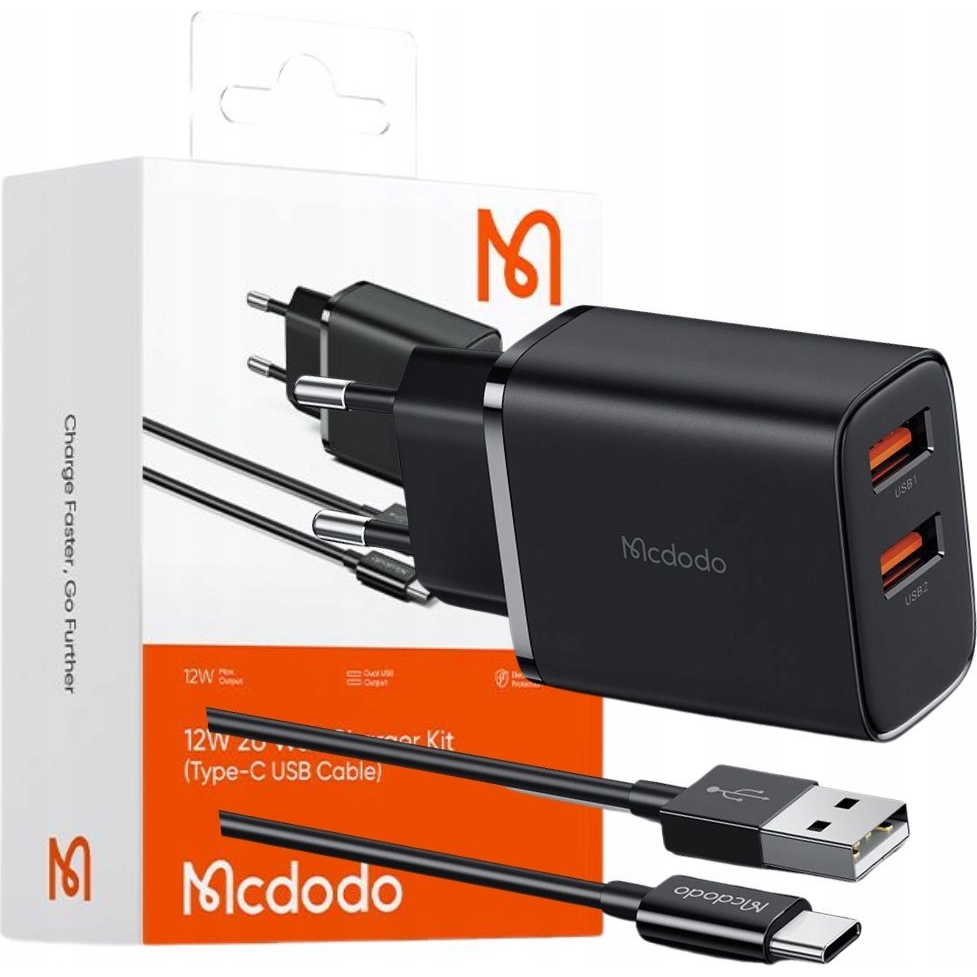 Mcdodo CH-5072 2 x USB-A Hálózati Töltő Adapter 12W + USB-A apa - USB-C apa töltőkábel - Fekete ( )