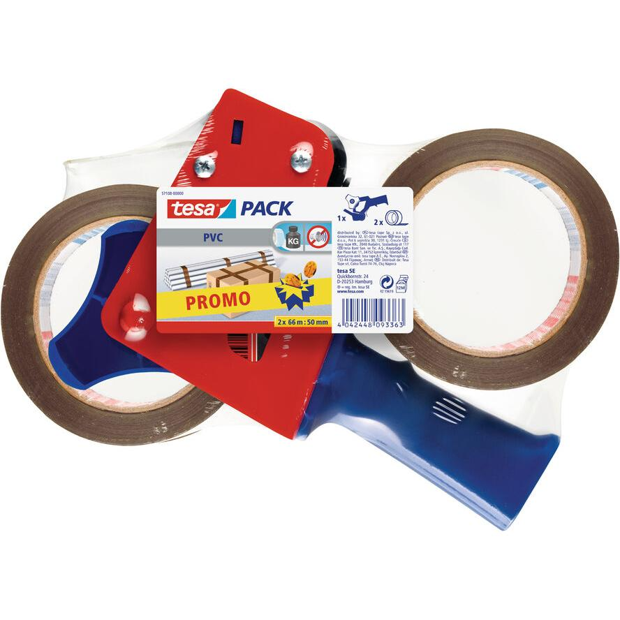 Tesapack 2x PVC 66m 50mm -Packband- + 1x Handabroller (57108-00000-01) (57108-00000-01)