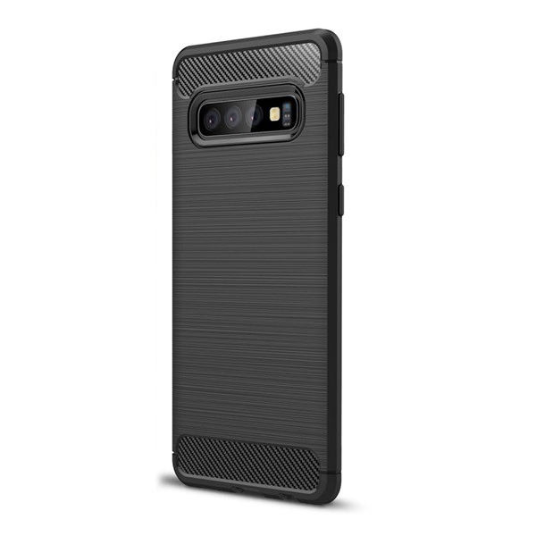 Szilikon telefonvédő (közepesen ütésálló, légpárnás sarok, szálcsiszolt, karbon minta) FEKETE [Samsung Galaxy S10 (SM-G973)] (5996457848003)