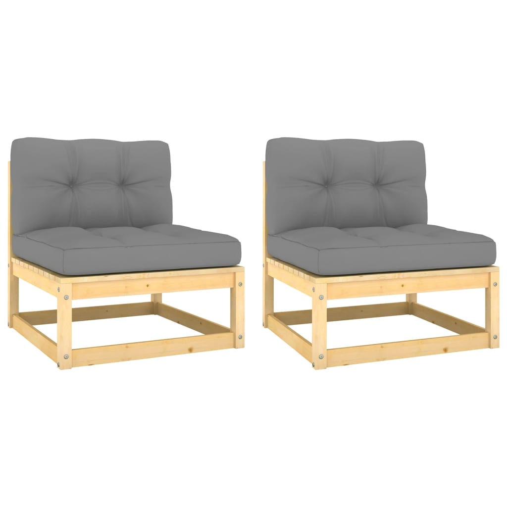 2 db tömör fenyőfa kerti középső kanapé szürke párnákkal (805735)