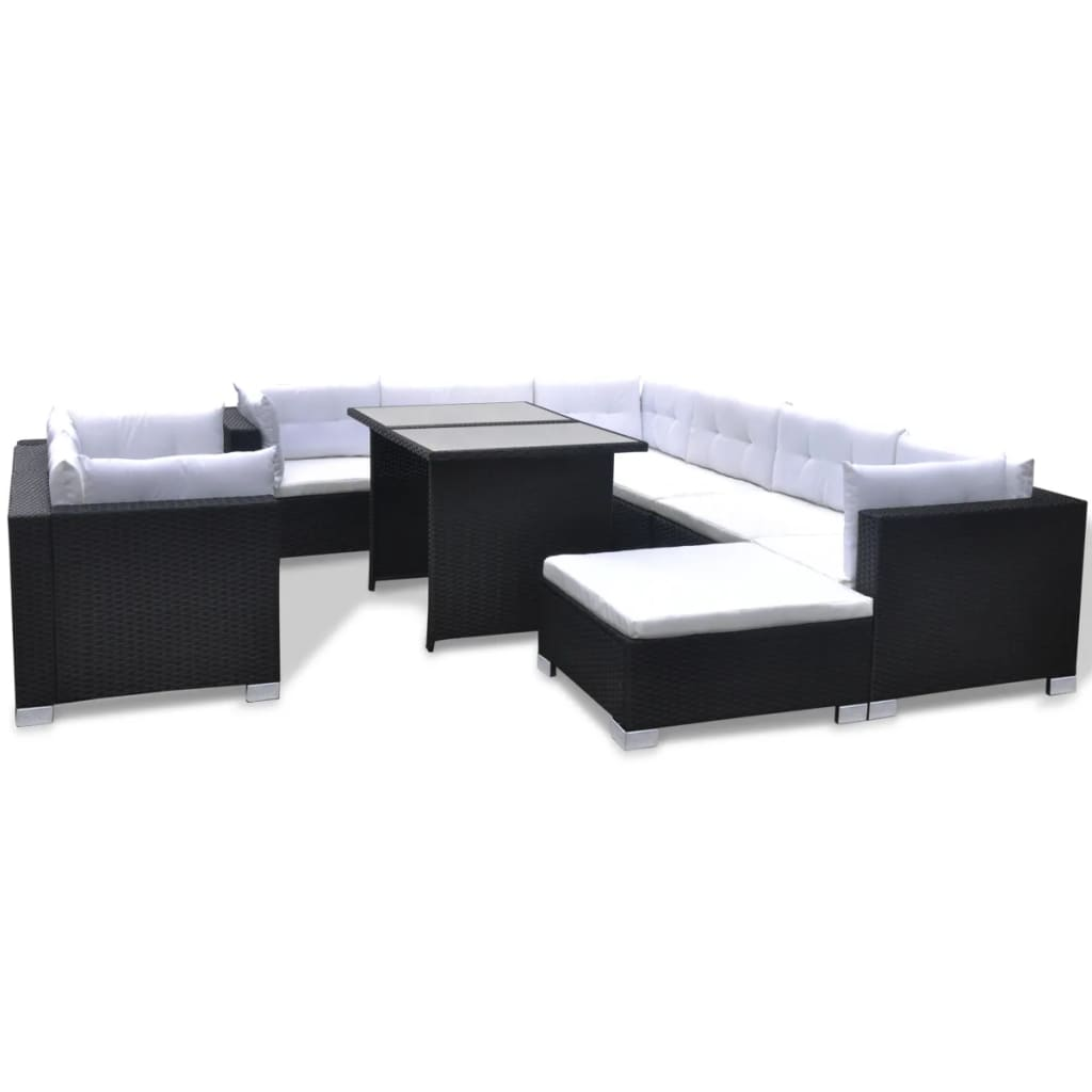 10-részes fekete polyrattan kerti bútorszett párnákkal (41878)