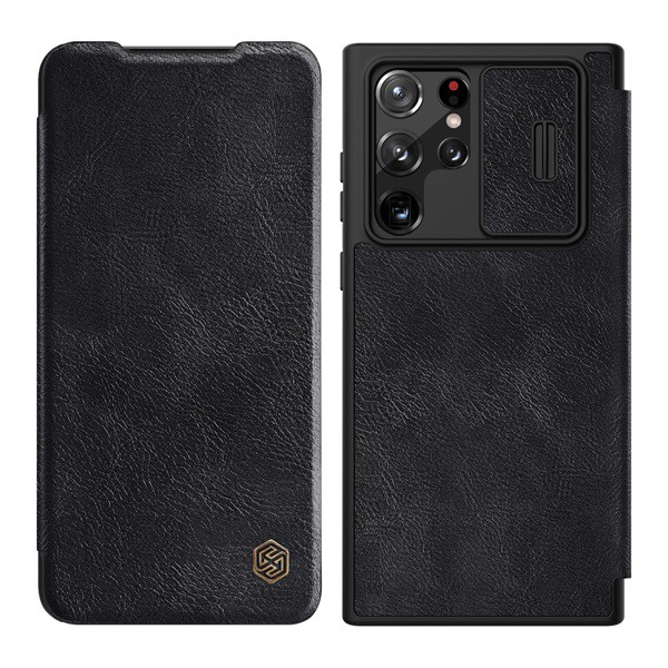 NILLKIN QIN PRO tok álló, bőr hatású (FLIP, oldalra nyíló, bankkártya tartó, kamera védelem) FEKETE [Samsung Galaxy S22 Ultra 5G (SM-S908)] (5996591120362)