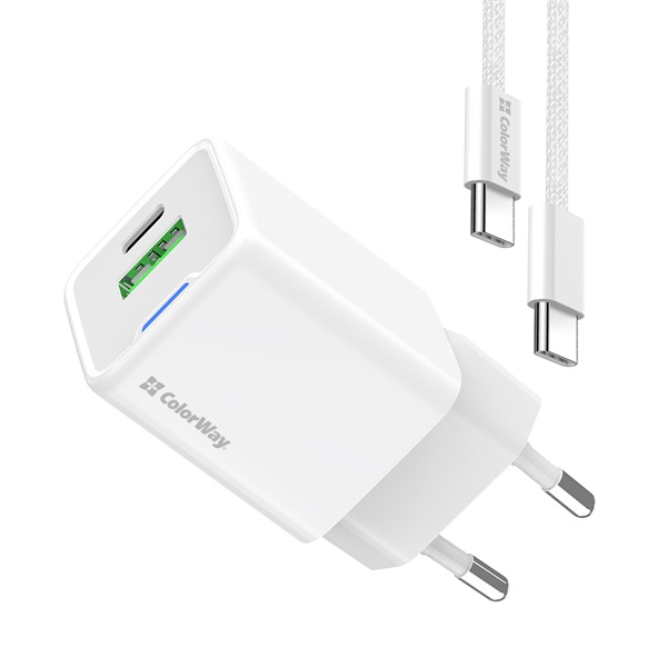 ColorWay 055PDC USB-A / USB-C Hálózati gyorstöltő szett 35W - Fehér (CW-CHS055PDC-WT)