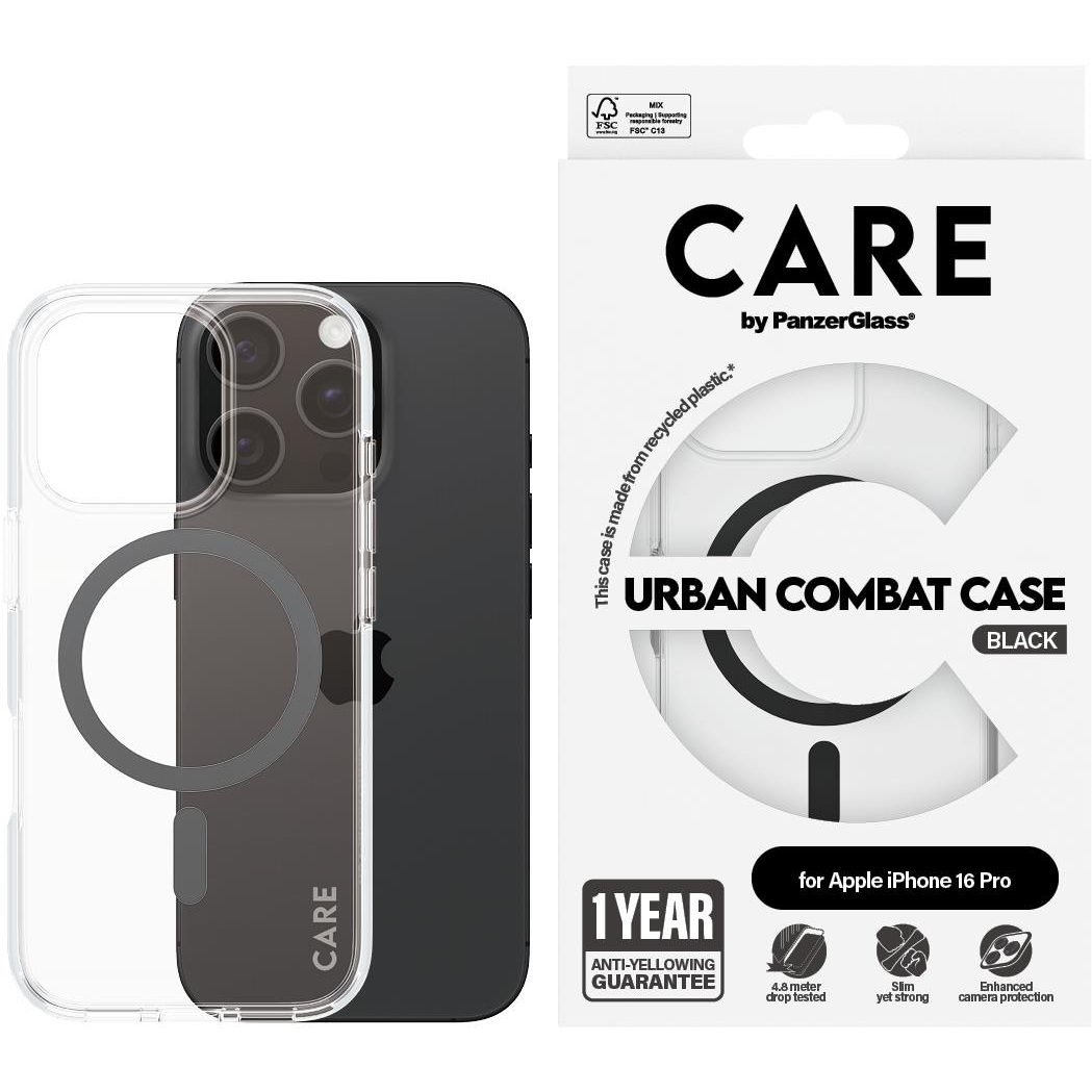 PanzerGlass CARE Apple iPhone 16 Pro MagSafe Combat átlátszó/fekete nem sárguló tok (1346)