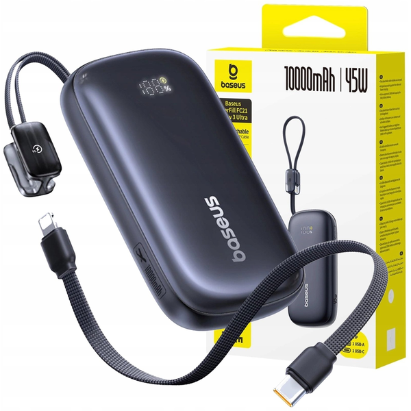 Baseus EnerFill FC21 Qpow 3 Ultra Power Bank 10000mAh 45W с прикачен кабел за носене на врата, черен