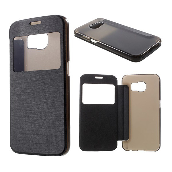 Tok álló, bőr hatású (FLIP, oldalra nyíló, átlátszó hátlap, S-View Cover, szálcsiszolt mintázat) FEKETE [Samsung Galaxy S6 (SM-G920)] (5996457529766)