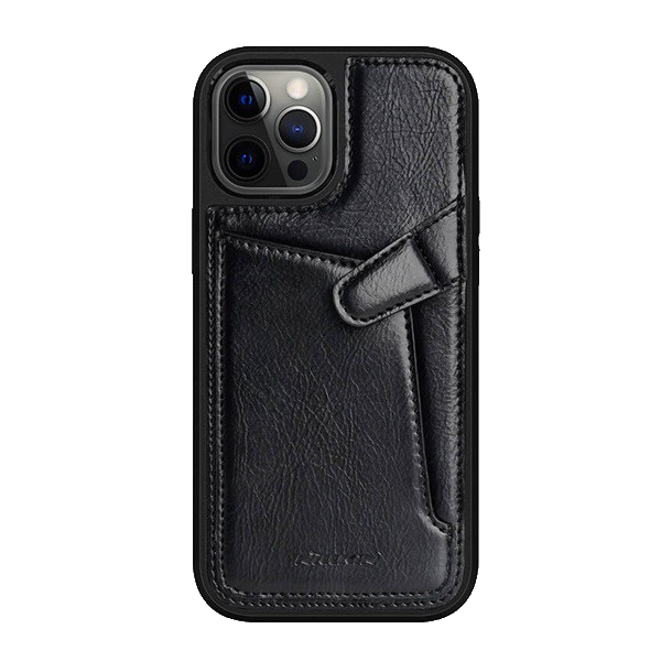 NILLKIN AOGE műanyag telefonvédő (valódi bőr hátlap, mikrofiber plüss belső, bankkártya tartó) FEKETE [Apple iPhone 12 Pro Max] (5996591015903)