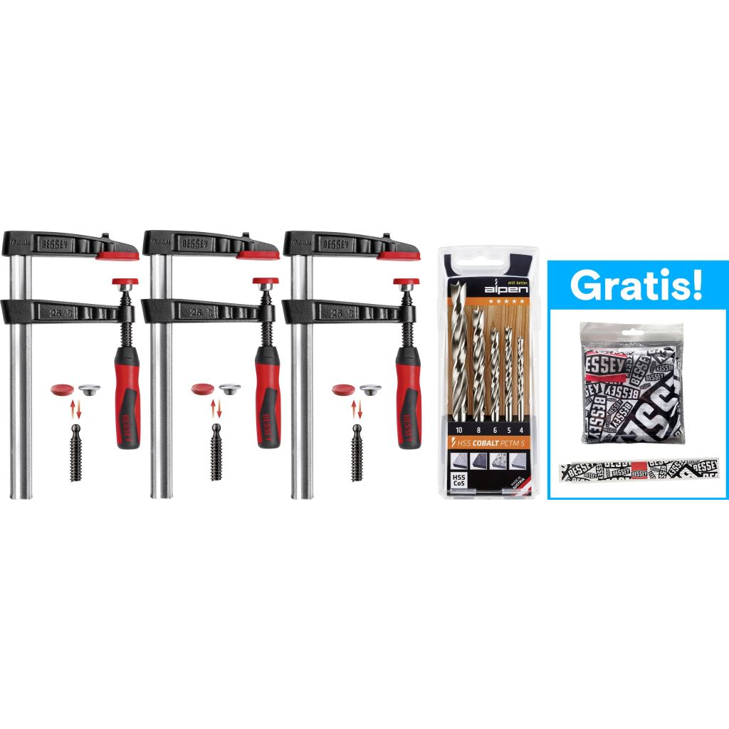 BESSEY csavaros bilincsek és fafúró készlet összecsukható szalaggal + tömlősál (TG30-2K+0063300005100) (TG30-2K+0063300005100)