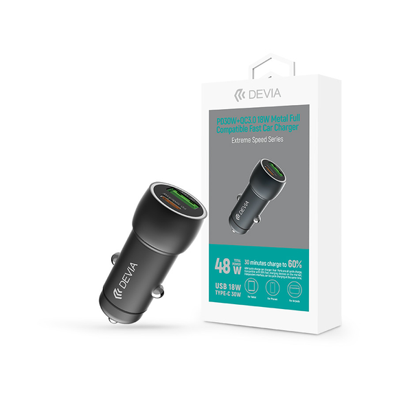 Devia Extreme Speed Series 30W PD+QC autós gyorstöltő USB+Type-C - fekete