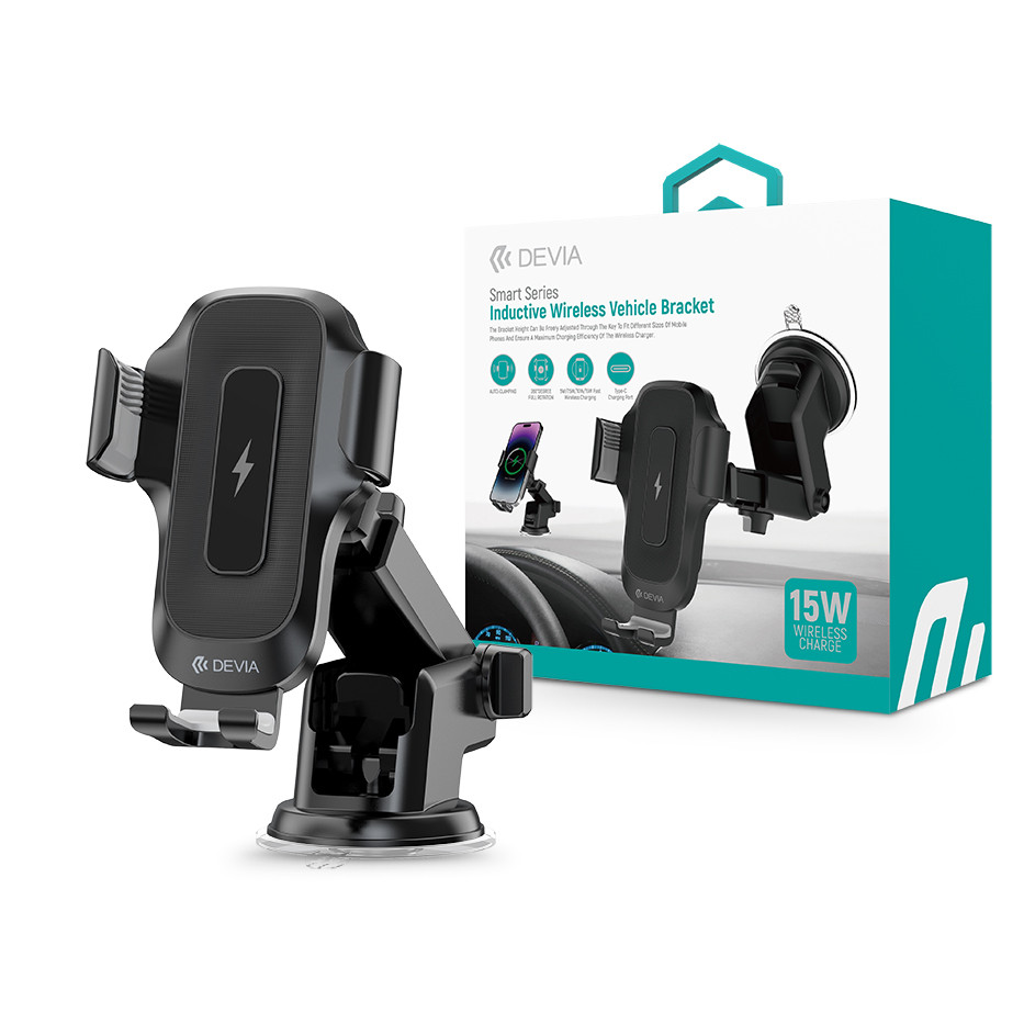 Devia műszerfalra / szélvédőre helyezhető vezeték nélküli autóstöltő/tartó - Devia Smart Series Inductive Wireless Vehicle Bracket - 15W - Qi szabványos - fekete (ST106574)
