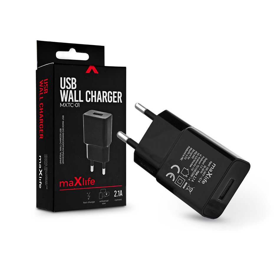 Maxlife USB hálózati töltő adapter - Maxlife MXTC-01 USB Wall Fast Charger - 5V/2,1A - fekete (TF-0011)