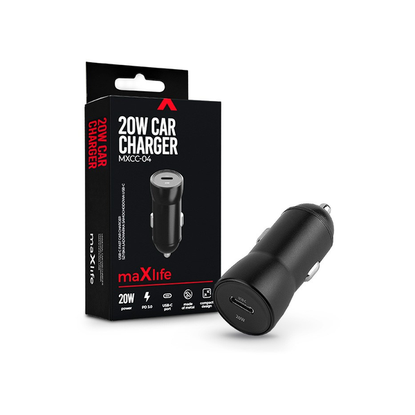 Maxlife szivargyújtós töltő adapter Type-C bemenettel - 20W - Maxlife MXCC-04   PD3.0 + QC3.0 Car Charger - fekete