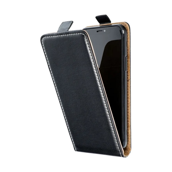 Tok álló, bőr hatású (FLIP, lefelé nyíló, szilikon tartó) FEKETE Nokia 230 