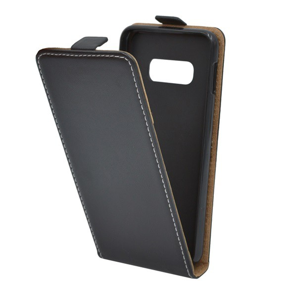 Tok álló, bőr hatású (FLIP, lefelé nyíló, szilikon tartó) FEKETE [Samsung Galaxy S10e (SM-G970)] (5996457848942)