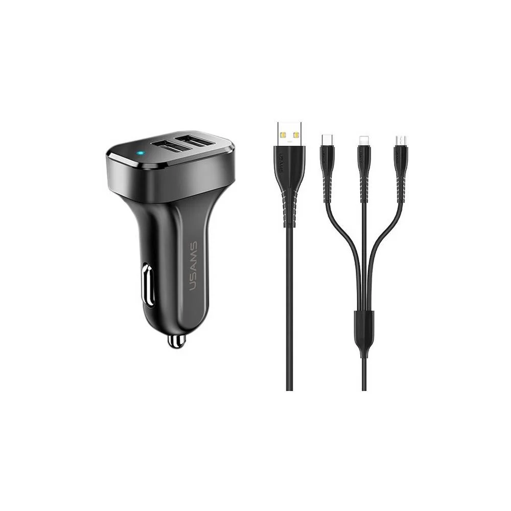 Usams C13 2x USB Type-A Autós töltő + 3in1 USB Type-C / Lightning / Micro USB Type-B kábel - Fekete (5V / 2.1A) (USA000623)