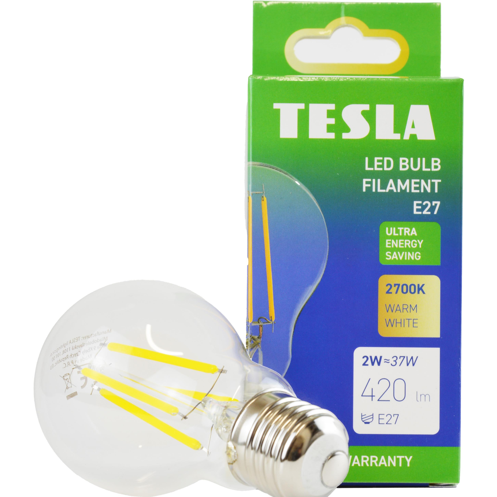 Tesla Filament A class, E27, 2W, 420lm, 2700K meleg fehér, 360°, átlátszó, 230V, 25000 óra (BL270227-A1)