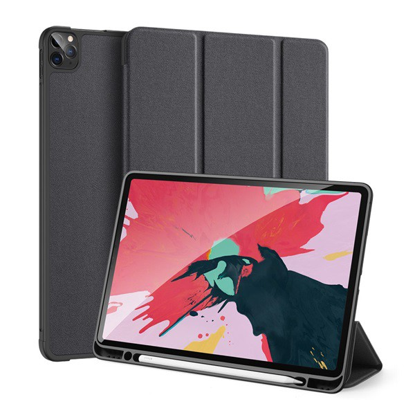 DUX DUCIS DOMO tok álló, bőr hatású (aktív FLIP, oldalra nyíló, TRIFOLD Apple pencil tartó, textil minta) FEKETE [Apple IPAD Air 2022] (5996457960873)