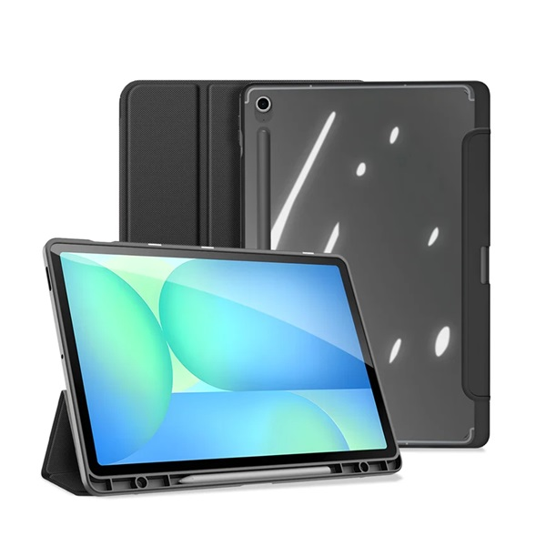 Dux Ducis TOBY tok álló, bőr hatású (aktív FLIP, oldalra nyíló, TRIFOLD, asztali tartó, ceruza tartó) FEKETE Samsung Galaxy Tab S10 FE Plus WIFI (SM-X626) / Galaxy Tab S10 FE Plus LTE (SM-X620) (GP-169349)