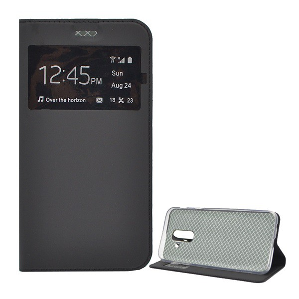 Tok álló, bőr hatású (FLIP, oldalra nyíló, asztali tartó funkció, View Window) FEKETE [Samsung Galaxy A6+ (2018) SM-A605F] (5996457777716)