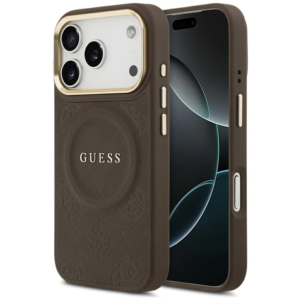 Guess GRAINED HOT STAMP PEONY PATTERN szilikon telefonvédő (ütésállóság, bőr hatású hátlap, MagSafe) SÖTÉTBARNA Apple iPhone 17 Pro (GUHMP17LPSAMSECW)