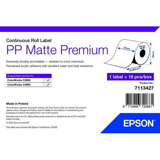 Epson PP Matte Label Premium címkenyomtató tekercspapír 76mm x 29m (7113427) (epson7113427)