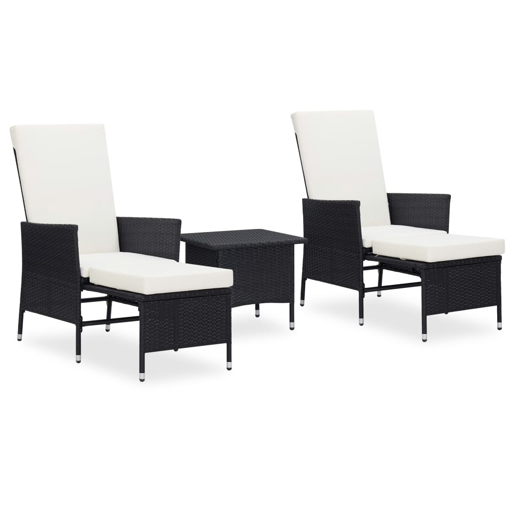 3-részes fekete polyrattan kerti bútorszett párnákkal (3059371)